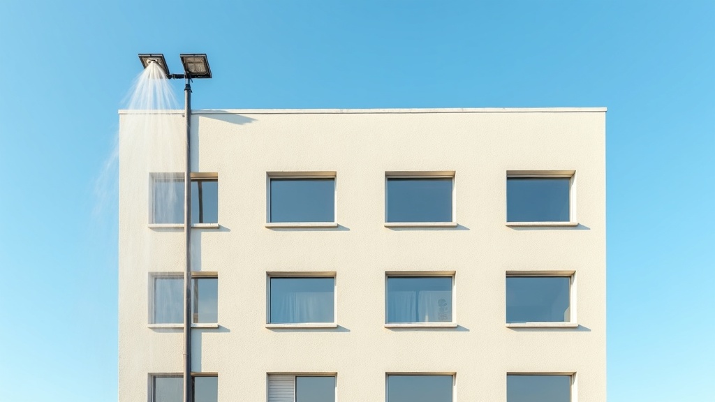 Soft-wash building exterior cleaning on a multi-story commercial facade in the Coachella Valley