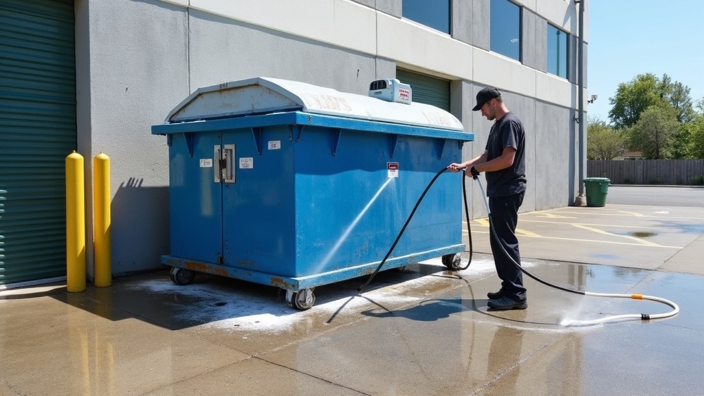 Hot-water dumpster pad cleaning at a Coachella Valley restaurant enclosure