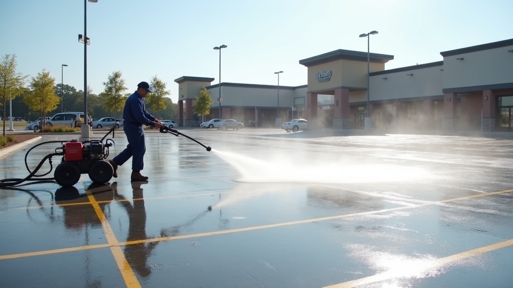After-hours parking lot cleaning at a Coachella Valley retail center
