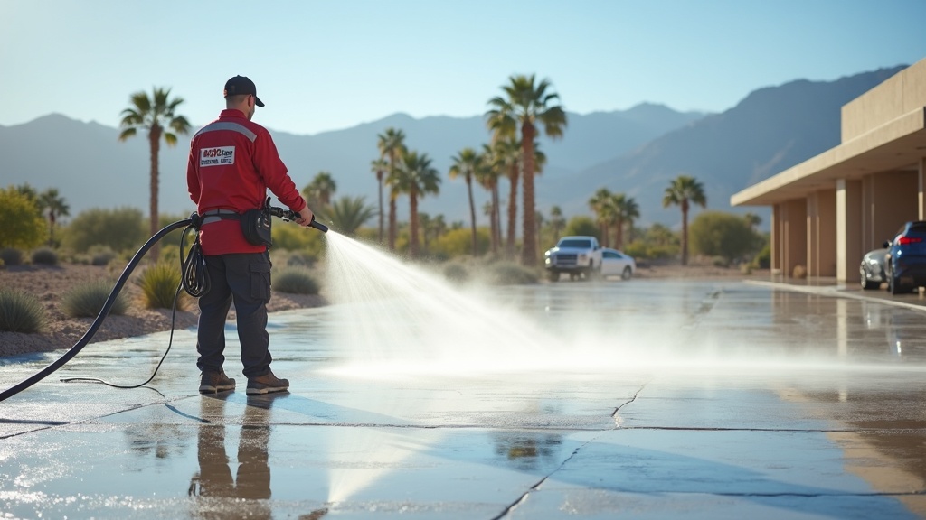Indio technician pressure washing a Coachella Valley driveway with commercial equipment