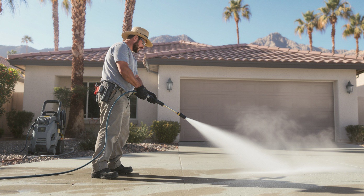 Indio technician pressure washing a Coachella Valley driveway with commercial equipment